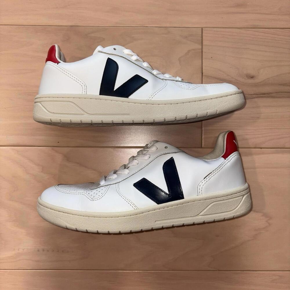 Veja V-10 Leather Sneaker in White with Navy V and Red Heel - Picture 2 of 8